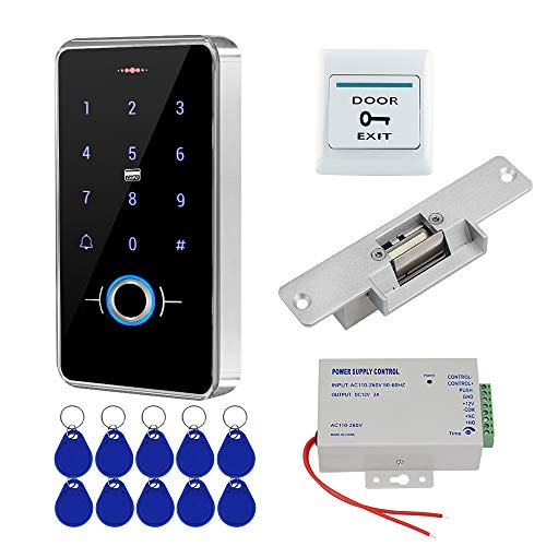 FST Kit Sistema di Controllo Accessi Porta Set Impronte Digitali Biometriche Tastiera RFID Impermeabile IP68 + Alimentatore K80 3A + Serratura Elettrica NC + 10pcs 13,56MHz RFID Keyfobs Cards