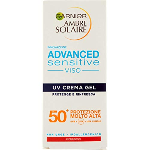 Garnier Ambre Solaire UV Crema Gel Viso Advanced Sensitive, SPF 50+, Protezione Molto Alta, 50 ml