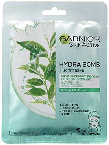 Garnier Ski nactive Hydra Bomb panno maschera idratante con estratto di tè verde Maschera per un equilibrato Carnagione  32 g