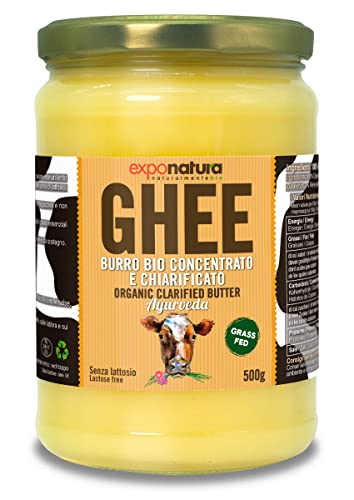 Ghee biologico - burro chiarificato secondo l’antica ricetta Ayurvedica - solo da latte di mucche al pascolo - senza lattosio estremamente digeribile - Exponatura (500 g)