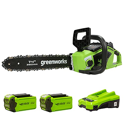 Greenworks GD40CS15K2X Motosega a Batteria con Motore Brushless, Lunghezza Barra 35cm, Velocità Catena 12m s, 3,5kg, Auto-Lubrificante, Protezione Contraccolpo, 2 Batterie da 40V 2Ah e caricabatterie