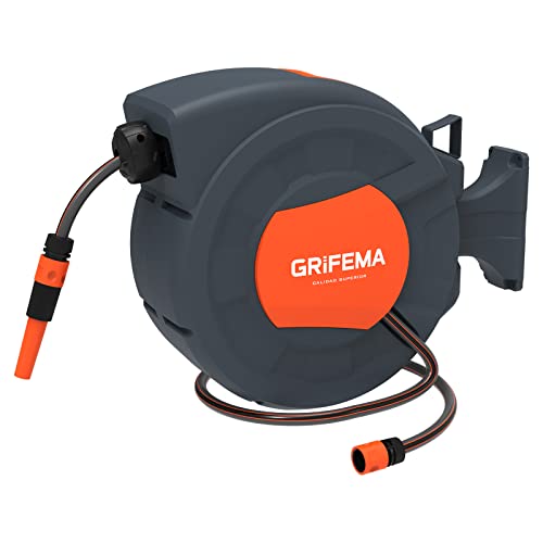 GRIFEMA G301-25 - Avvolgitubo di Bloccaggio per Tubo da Giardino da Riavvolgimento Automatico Retrattile Montato a Parete da 25 m, Girevole a 180°, grigio
