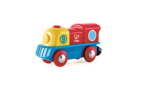 Hape E3820 Piccola locomotiva con pulsante, alimentazione a batterie, gioco adatto per bambini, colori Rosso, Giallo e Blu