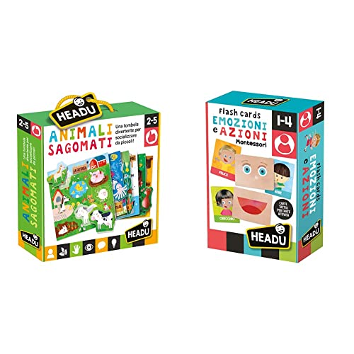 Headu-Gli Animali Sagomati Gioco, Multicolore, IT21932 & Flashcards Montessori Emozioni e Azioni, IT23103