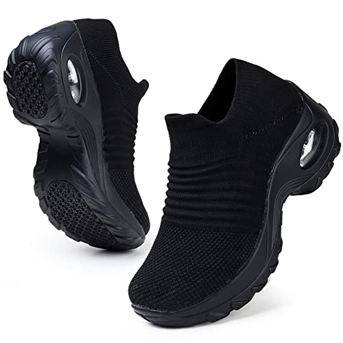 HKR Platform Sneakers Donna Leggero Air Cuscino Scarpe da Ginnastica Running Infermiere Lavoro Leggero Tennis per Camminata Senza Lacci Nero 36 EU