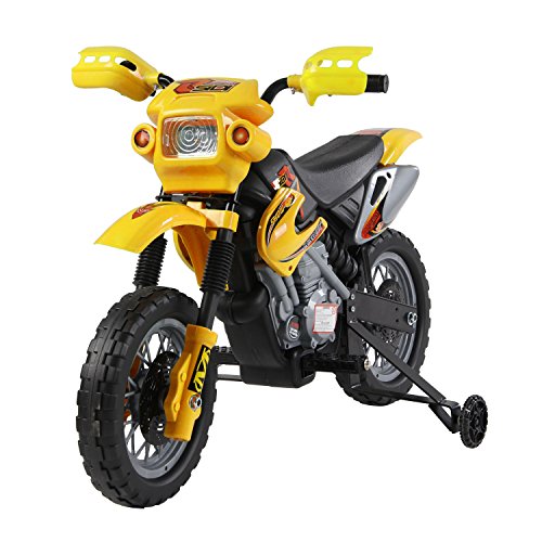 homcom Moto Cross Elettrica con Rotelle Giallo per Bambini 3 Anni e più, Batteria 6V velocità 2.5km h, 102 x 53 x 66cm