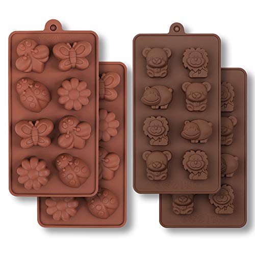 HomEdge - Stampo in silicone per cioccolatini, motivo insetti e animali selvatici, a forma di ippopotamo, orso, leone, farfalla, ape, coccinella, per caramelle e gelatina, 4 pezzi