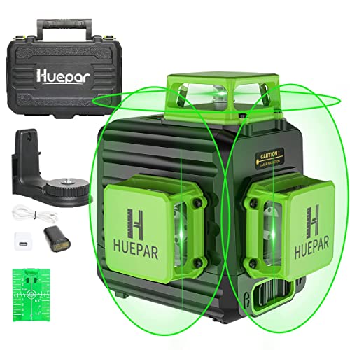 Huepar B03CG 3x 360 Livella Laser 12 Linee Verde 45m con Modalità Impulso, con Batteria al Litio Ricaricabile USB, 3D Linea Laser Autolivellante 360 a Croce Orizzontale Verticale, 360° Base magnetico