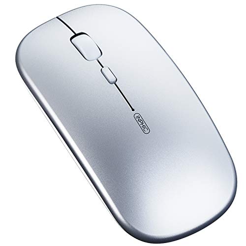 INPHIC Mouse Bluetooth, Mouse Wireless Ricaricabile Silenzioso a Tre modalità (BT 5.0 4.0 + 2.4G Wireless), Mouse Senza Fili da Viaggio Portatile 800 1200 1600 DPI per PC Laptop, MacBook, Argento