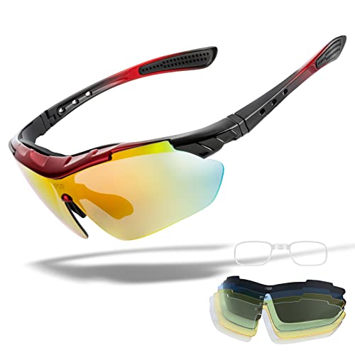 IPSXP Occhiali da sole sportivi polarizzati 5 lenti intercambiabili, occhiali da ciclismo per uomo e donna, corsa di baseball, arrampicata, golf (rosso e nero)