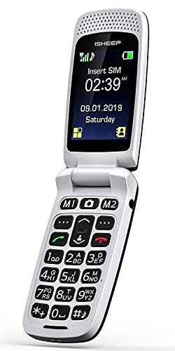 ISHEEP Telefono Cellulare e conchiglia per anziani con LCD display, base di ricarica, Torcia, Tasti Grandi, Funzione SOS, Volume Alto. Nero (SF213)