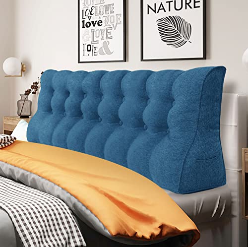 Johnear Cuscino lombare per divano, letto, schienale, grande, in lino, per libri, lettura, alta testiera, a due file, colore: blu, 200 x 26 x 55 cm