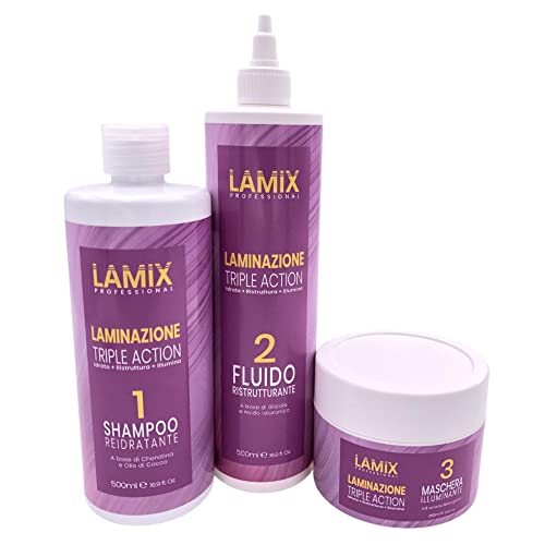 KIT laminazione capelli professionale LAMIX Triple Action capelli effetto specchio sani e forti: shampoo reidratante + fluido ristrutturante + maschera illuminante