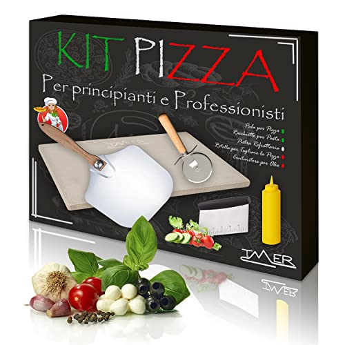 Kit Pizza Completo 5 pz Pietra Refrattaria Rettangolare In Cordierite Pala per Pizza con Manico Pieghevole Rotella Taglia Pizza Contenitore per Liquidi Taglia Raschietto Tagliaimpasto in Acciaio Inox