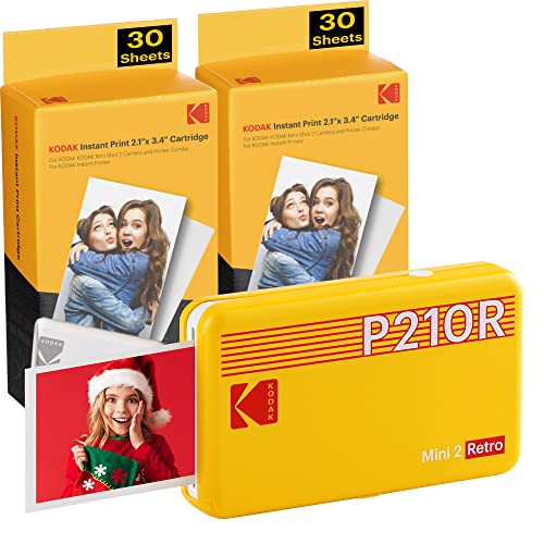 Kodak Mini 2 Stampante foto per smartphone, 6 Cartucce incluse, Istantanee formato 54x86mm, Wireless, Portatile e compatibile iOS e Android - Gialla