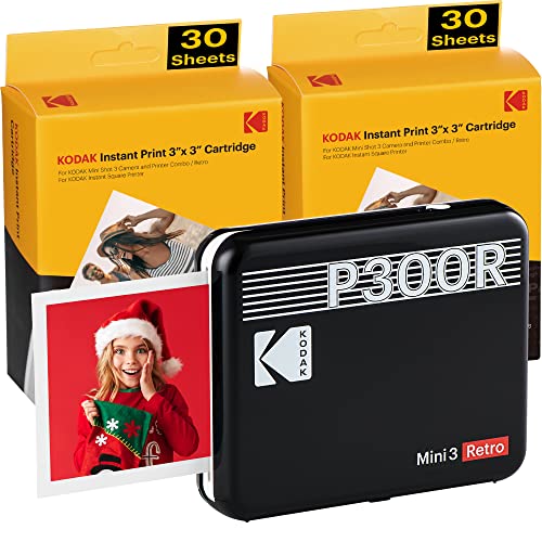 Kodak Mini 3 Stampante portatile per Smartphone + 6 Cartucce, Foto istantanee formato quadrato 76x76 mm, Bluetooth e Wireless - Nera