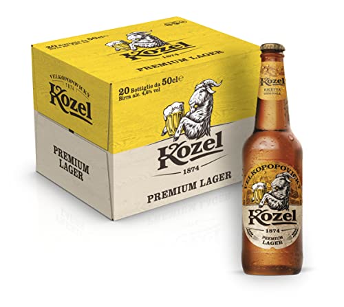 Kozel Birra Premium Lager, Cassa Birra con 20 Birre in Bottiglia da 50 cl, 10 L, Pale Lager dal Gusto Ricco e Bilanciato, Gradazione Alcolica 4.6% Vol