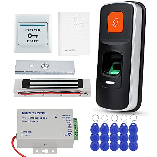 KUMU Sistema di Controllo Accessi Biometrico con Impronte Digitali RFID +Serratura Magnetica da 180kg+Pulsante di Uscita+Campanello+Telecomandi 15pcs per Casa Ufficio