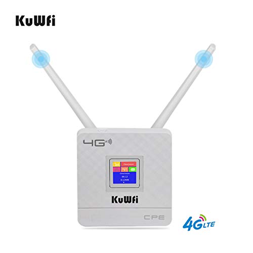 KuWFi Router Con Sim, 4G LTE CPE Router Cat4 150Mbps, Wireless fino a 300Mbps Modem WiFi 4G, Doppia Antenne Esterne per Casa Ufficio Funziona con 3 (Tre)   Tim Vodafone Iliad SIM Card