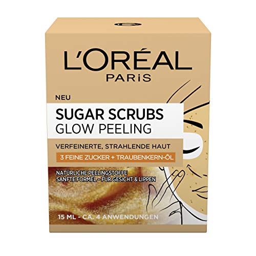 L Oréal Paris, peeling per viso e labbra, con zucchero e semi d uva, 2 confezioni da ciascuna 15 ml