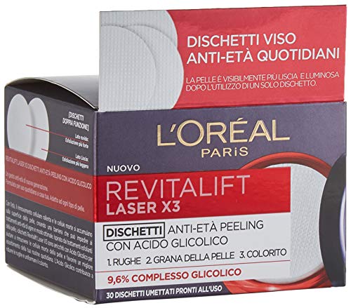 L Oréal Paris Trattamenti Revitalift Laser X3 Dischetti Viso Anti-Età Antirughe Peeling con Acido Glicolico, EsfoliAnti e IlluminAnti