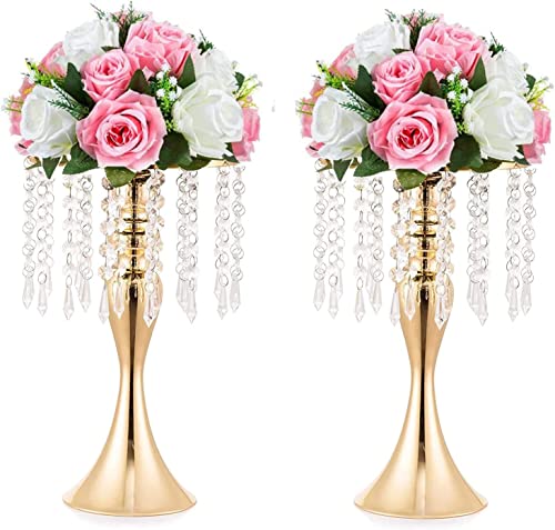 LANLONG - Portacandele in cristallo imitazione acrilico per vaso di fiori oro argento, centrotavola per matrimonio e decorazione eventi (oro, 33cm)