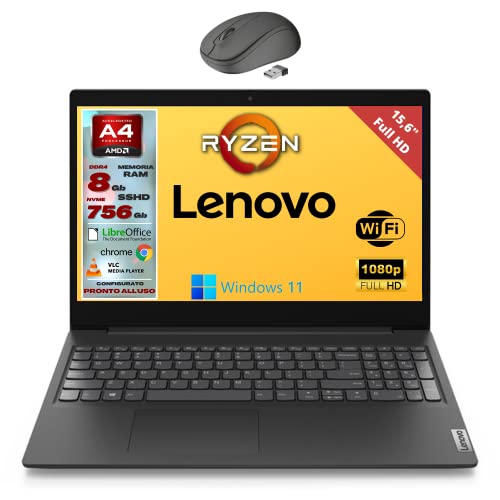 Lenovo, Pc portatile notebook pronto all uso, Display FHD da 15,6 , cpu AMD Ryzen 3, ram 8Gb, sshd 756Gb, windows 11 pro, computer portatile + mouse wireless