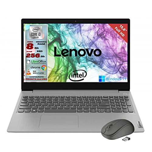 Lenovo, Pc portatile Pronto All Uso, Notebook Con Display Full HD da 15,6 , Intel i3, Ram 8Gb, SSD 256Gb, Win 11 pro e Mouse Wireless, Garanzia Italiana