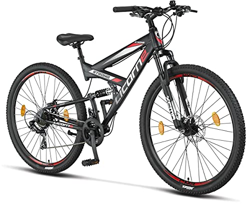 Licorne Bike Strong 2D Premium Mountain Bike, Bicicletta per ragazzi, ragazze, donne e uomini – Freno a disco anteriore e posteriore – 21 marce – Sospensione completa (nero rosso, 29.00)