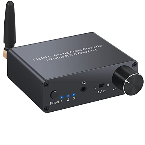 LiNKFOR 192KHz DAC Convertitore Audio Digitale ad Analogico con Ricevitore Bluetooth V5.0 D A Adattatore con Amplificatore per Cuffie con Alimentatore DAC con Cavo Ottico e Coassiale