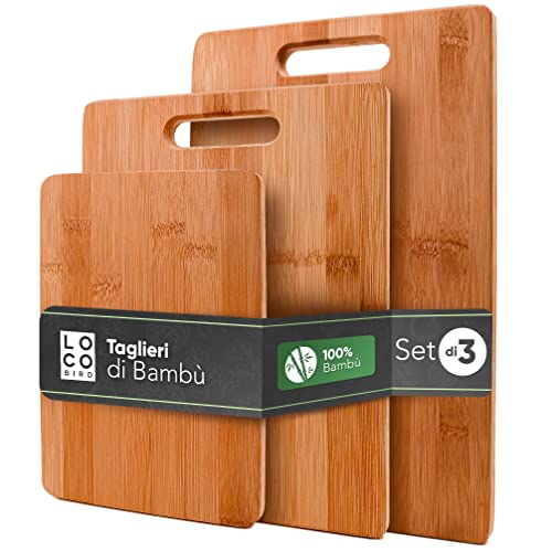 Loco Bird taglieri in bambù massiccio set di 3-33x22   28x22   15x22cm - Tagliere da cucina in legno - Tagliere in legno antibatterico