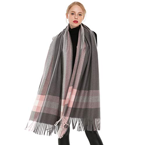 Longwu Donna Morbida sciarpa in lana di cashmere Grande scalda Pashminas e avvolgente coperta con stola calda-Grigio2