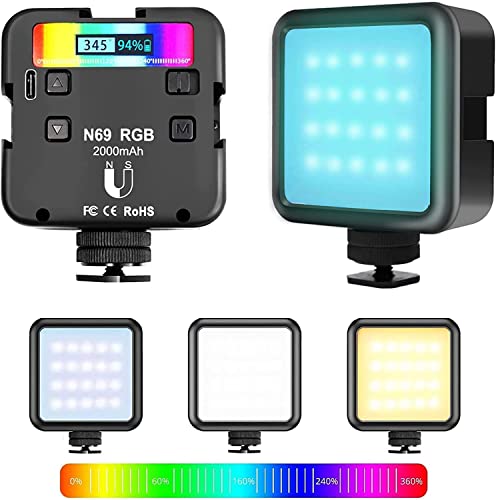 Luci Fotografiche - Faretto RGB LED Dimmerabile a 360°, Temperatura Colore 2500K-9500K, Batteria 2000 mA, Lampada Selfie, Luce per Videoconferenza, Regali di Natale Compleanno Anniversario