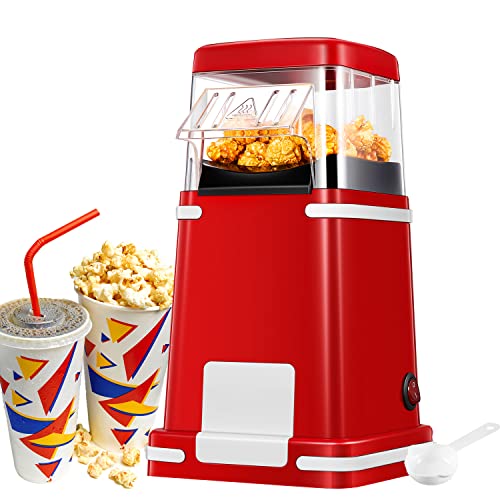 Macchina per Popcorn, 1200W Retro Macchina Popcorn Compatta ad aria calda senza grassi,include Misurino e Coperchio Rimovibile, Rosso