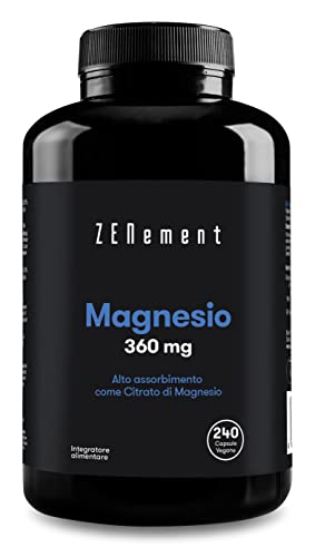 Magnesio, 360 mg, da Citrato di Magnesio | 240 Compresse, Alta Absorción | Mantiene sane le Ossa, sostiene la funzione Muscolare e il Sistema Nervoso | Vegano | Zenement