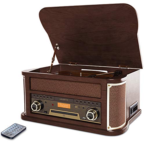 Majestic TT 47 DAB - Giradischi 33 45 78 giri, Bluetooth, Radio DAB+ e Fm, Lettore CD MP3, Ingresso Usb, Cassetta, Telecomando, marrone