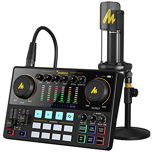 MAONO CASTER Audio Interface con DJMixer e scheda audio, studio di produzione portatile all-in-one con microfono a membrana grande e per chitarra, Youtube Live (AME2A)