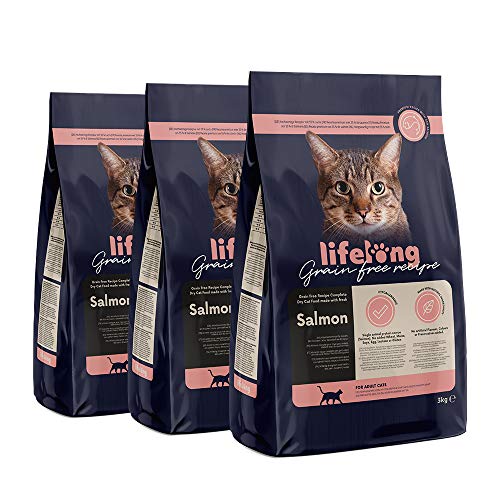 Marchio Amazon - Lifelong - Alimento secco per gatti adulti con salmone fresco, ricetta senza grano - 3 kg * 3