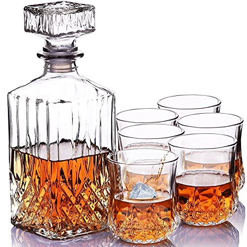 Marco Paul - Set di decanter in cristallo da 7 pezzi, decanter e 6 bicchieri da whisky, vino e bevande, per bar, barware, matrimoni, casa, compleanno, festa del papà, regalo per lui e lei