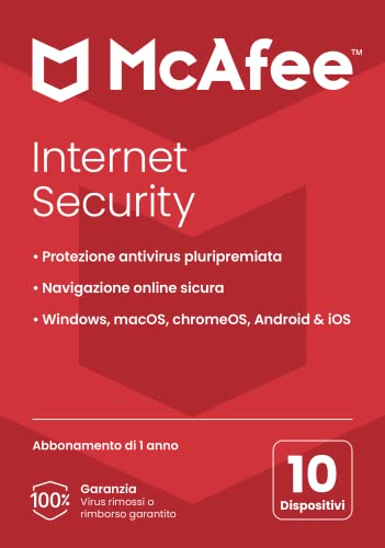 McAfee Internet Security 2022 | 10 dispositivi | Software antivirus e di sicurezza Internet | Windows Mac Android iOS | Abbonamento di 1 anno | Via posta