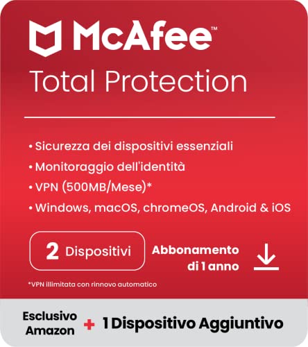 McAfee Total Protection 2023 | 2 Plus 1 dispositivi | Software antivirus per la sicurezza in Internet | VPN | Abbonamento di 1 anno | Codice d attivazione via email