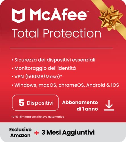 McAfee Total Protection 2023 | Esclusiva Amazon |5 dispositivi| Software antivirus per la sicurezza in Internet | VPN | 15 mesi di abbonamento | Codice d attivazione via email