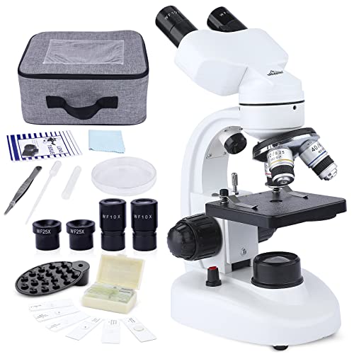 Microscopio Binoculare, 40X-1000X Microscopio Binoculare Composto con doppia illuminazione a LED 10X e 25X oculare Vetrini per microscopio Borsa Portaoggetti Adattatore per Adulti Bambini