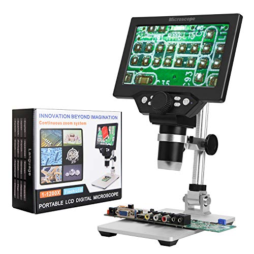 Microscopio Digitale LCD 1200X Display, Schermo Ruotabile HD da 7 Pollici, Regolabile con Batteria con 8 Luci a LED per Dimostrazione Didattica del Laboratorio Riparazione del Telefono Cellulare