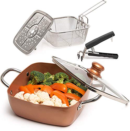 Miuphro Moss & Stone Copper 5 Piece Set Chef Cookware, Non Stick Pan, Deep Square Pan, Fry Basket, Steamer Rack, Dishwasher & Oven.