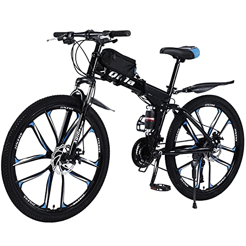 Mountain bike pieghevole da 26 pollici, con doppio assorbimento degli urti, telaio in fibra di carbonio con borsa per bicicletta, freni a disco, bici a sospensione completa perfetta (blu)