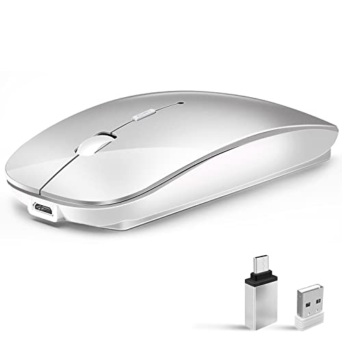 Mouse wireless da 2,4 GHz con ricevitore USB per computer portatile, ricaricabile, mouse wireless compatibile con Apple MacBook air pro, iPad, Mac, Chromebook, PC, con adattatore USB C (argento)