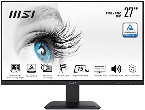 MSI PRO MP273 Monitor Flat 27 , Display 16:9 Full HD (1920x1080), 75Hz, 5ms, IPS antiriflesso, collegamenti 1x HDMI e 1x DP, VESA 75x57mm Standard