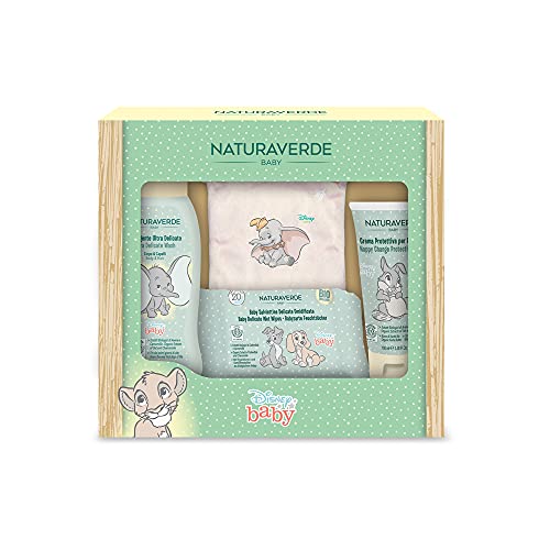 Naturaverde | Kids - Disney Baby - Set Regalo con Detergente Corpo e Capelli 200ml, Crema Protettiva per il Cambio 100ml e Salviette 20pz e Doudou