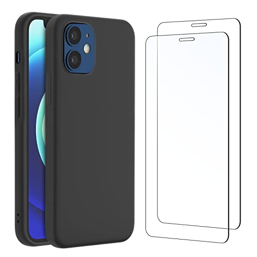 NEW C Cover per iPhone 12 e iPhone 12 Pro in silicone custodia ultra sottile nero e 2× vetro temperato per iPhone 12 e iPhone 12 Pro, pellicola protettiva per schermo